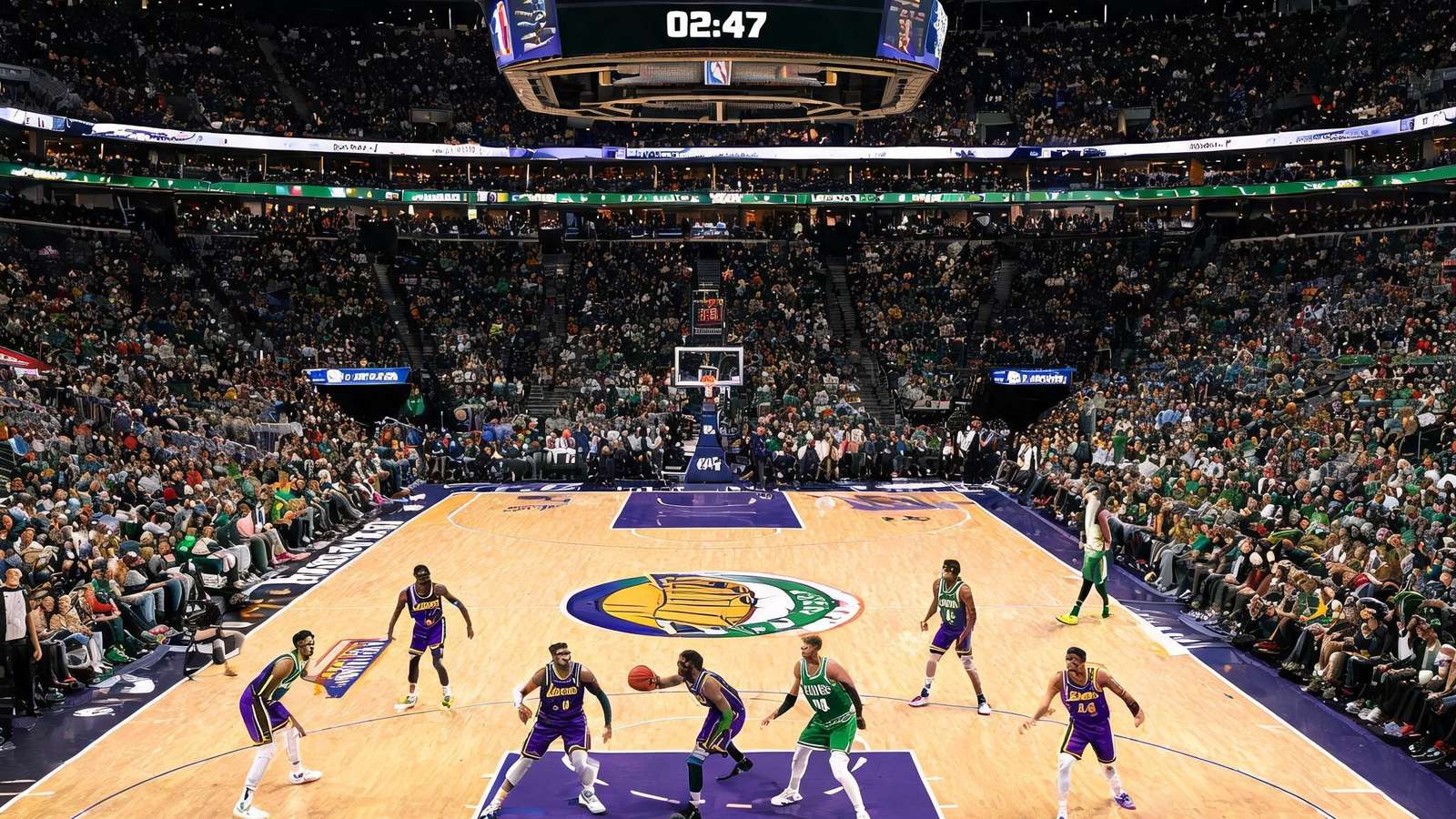 NBA两支球队在球馆内激烈对抗，记分牌显示实时比分，观众席座无虚席