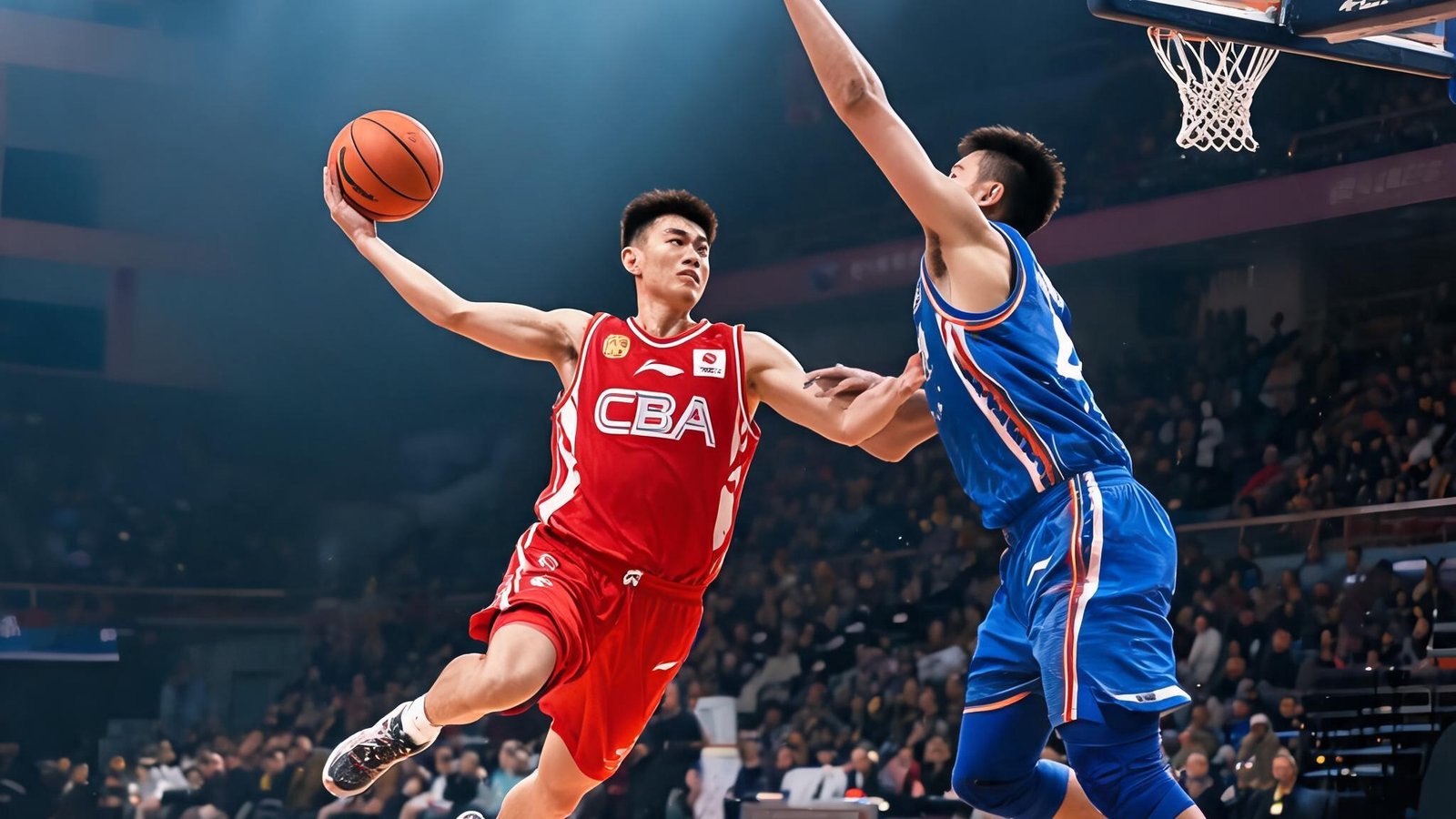 CBA球员快速突破上篮，防守球员奋力拦截，球馆内灯光聚焦赛场