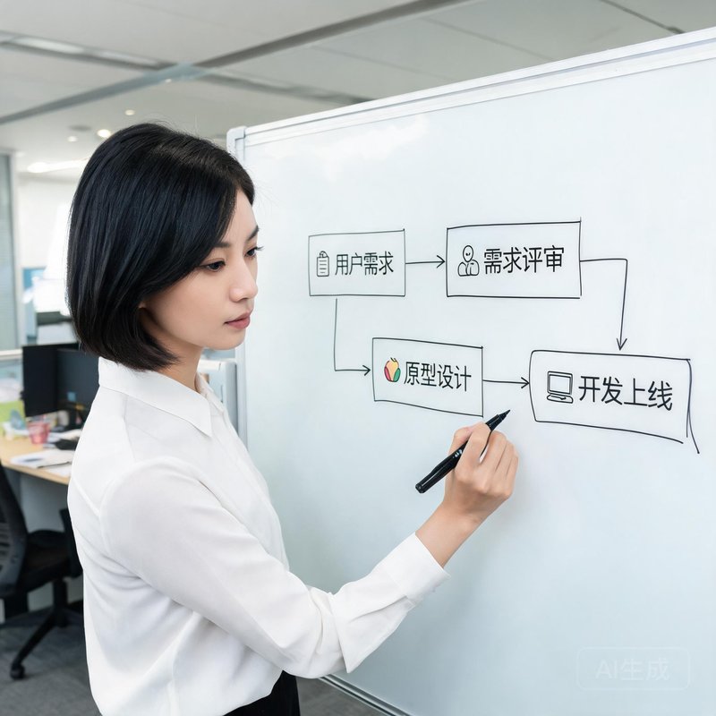 李婷，产品经理，28岁，干练短发，正在白板上画流程图